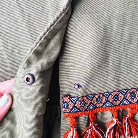 Zara Womens Size XS Denim Army Green Cropped Fringe Jacket Tassels Boho Boxy Fit - Picture 6 of 9